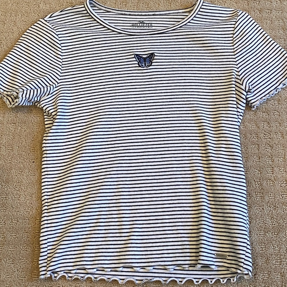 Hollister Black & White Striped Tee With Embroidered Butterfly